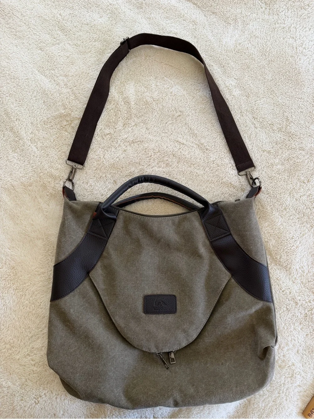 Lush Fashion Canvas & Leather Weekender Tote Olive Green Travel Shoulder Bag